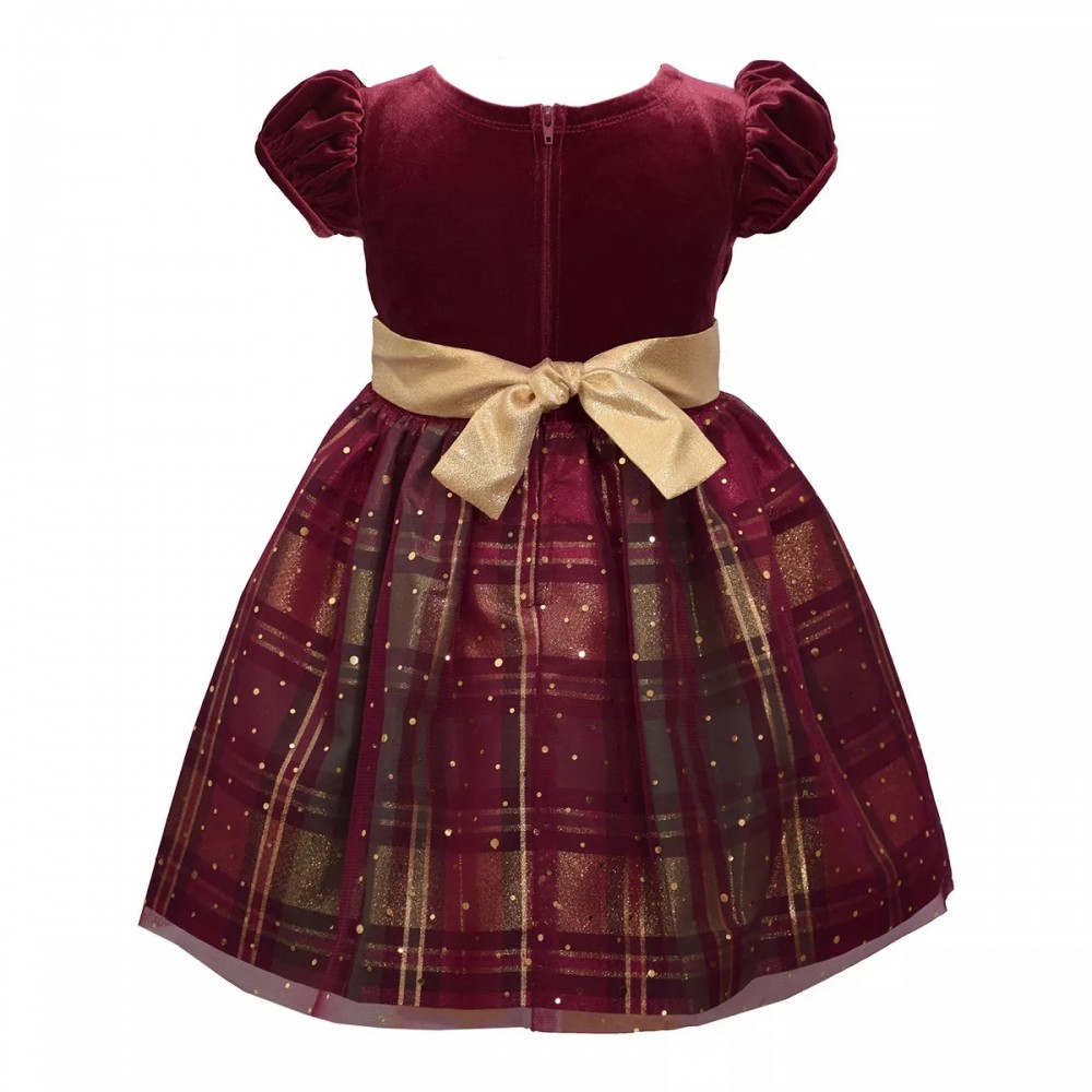 Bonnie Jean Velvet Plaid Taffeta Dress Toddler Girl WINE